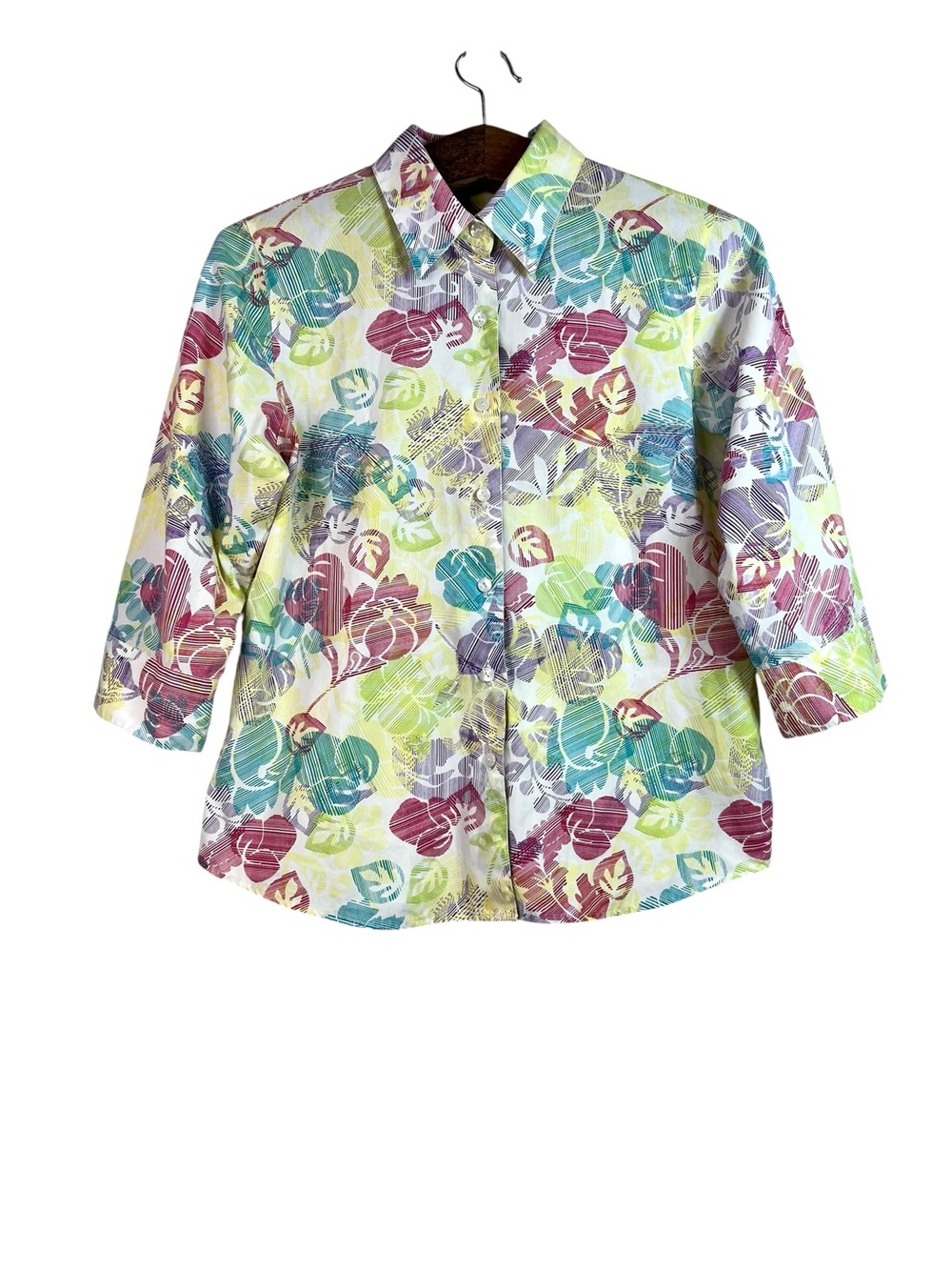 Foxcroft Multicolored Floral Hawaiian Tropical Button Down Blouse Sz 8P Coastal